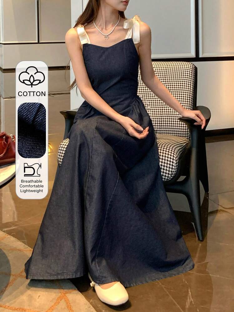 Women's Contrast Color Webbing Patchwork Sleeveless Cinched Waist Maxi Denim Dress, Elegant Sun Dresses For Women