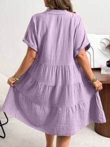 Plus Size V-Neck Polo Sleeve Casual Washed Gauze Crinkle Dress - Mauve Purple - View 2