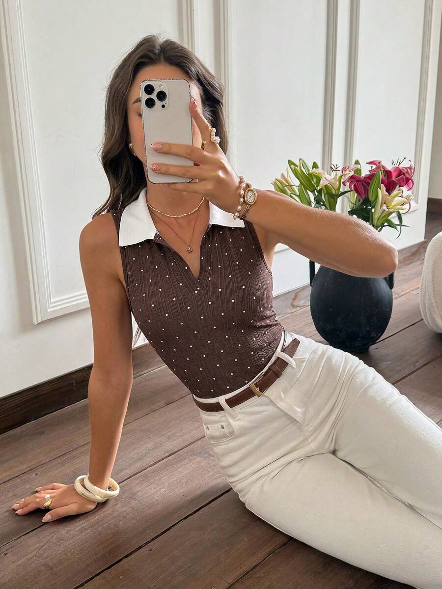 Serisse Áo tank top nữ dáng ôm vừa vặn, họa tiết chấm bi tương phản, thích hợp cho mùa hè. - màu nâu - Xem 1