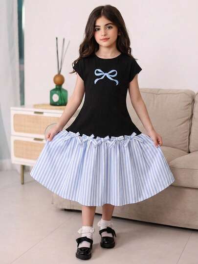 SHEIN Tween Girl Bow Striped Print Round Neck Short Sleeve Casual Dress, Vacation Dress