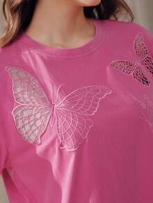 Anewsta Nouveau top tricoté à manches courtes pour femmes, imprimé papillon & coquillage rose, t-shirt tricoté élégant, tenue d'été pour vacances à la plage - Rose bonbon - Voir 1