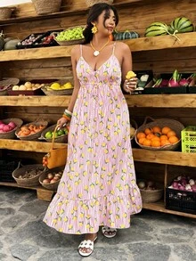 Weeklong Plus Size Women's Casual Vacation Dress With Ruffled Backless, Striped Lemon Print, A-Line, Spring/Summer - Multicolor - View 2