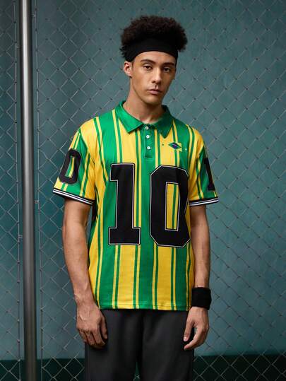 EVRINFINITE Áo Polo nam Street Vintage số 10 với họa tiết chữ và cờ Brazil, kiểu dáng patchwork, thích hợp cho mùa hè.