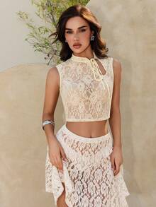 SHEIN Glamour New Beige Sexy Elegant Classy Simple Fitted Lace Women Crop Tops - Apricot - View 6