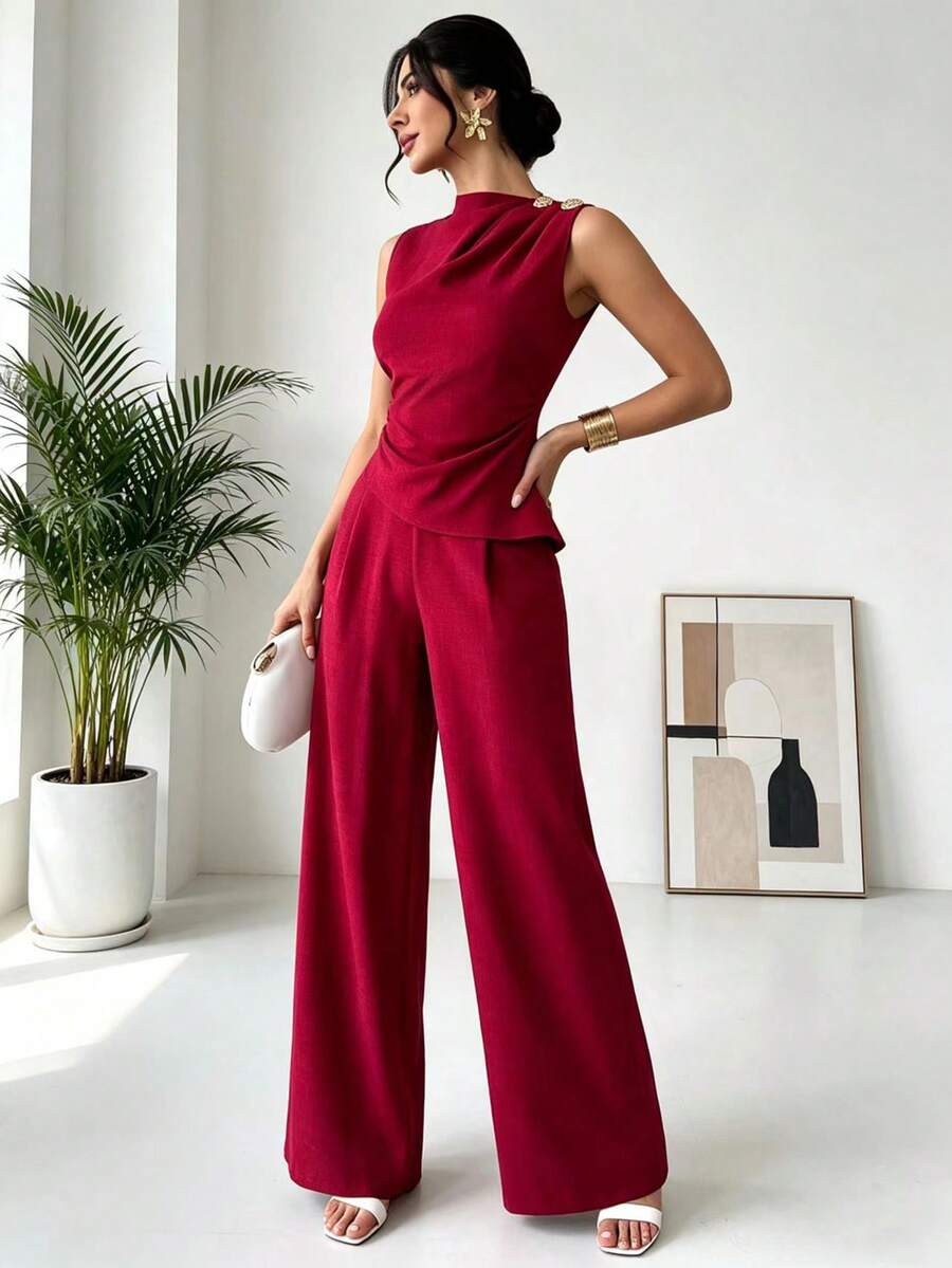 Rafferiza 女士纯色金属装饰褶皱不对称下摆上衣和阔腿裤休闲日常两件套 - 酒紅色 - 查看 1