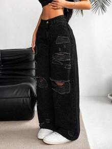 SHEIN Tall Jeans de pierna ancha lavados y desgastados de manera casual - Negro - Ver 5