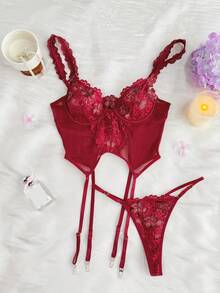 Livesso Bộ đồ lót 2 món bằng ren xuyên thấu, hơi xếp ly, có dây đeo điều chỉnh được dành cho nữ. - Đỏ - Xem 8