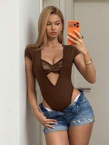 EgrlEra Women's Solid Color Contrast Lace Deep V Neck Bodysuit Golf Pastal Summer Sexy - Brown - View 1