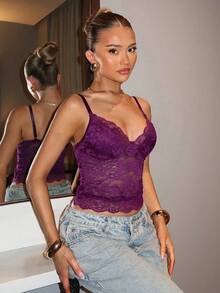 SHEIN BAE 女士夏季纯色蕾丝吊带背心 - 紫色 - 查看 3