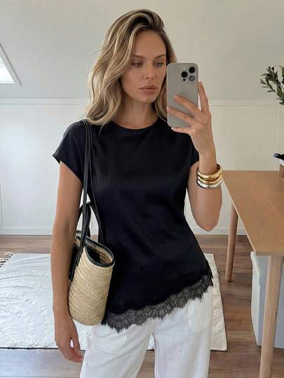 SHEIN LUNE Áo sơ mi cổ tròn tay cánh dơi thắt nơ phía sau, vạt áo bất đối xứng thắt eo, phối ren, chất liệu satin bóng, kiểu dáng thoải mái, thanh lịch, thích hợp mặc công sở hoặc đi nghỉ mát cho nữ, mùa xuân/hè.