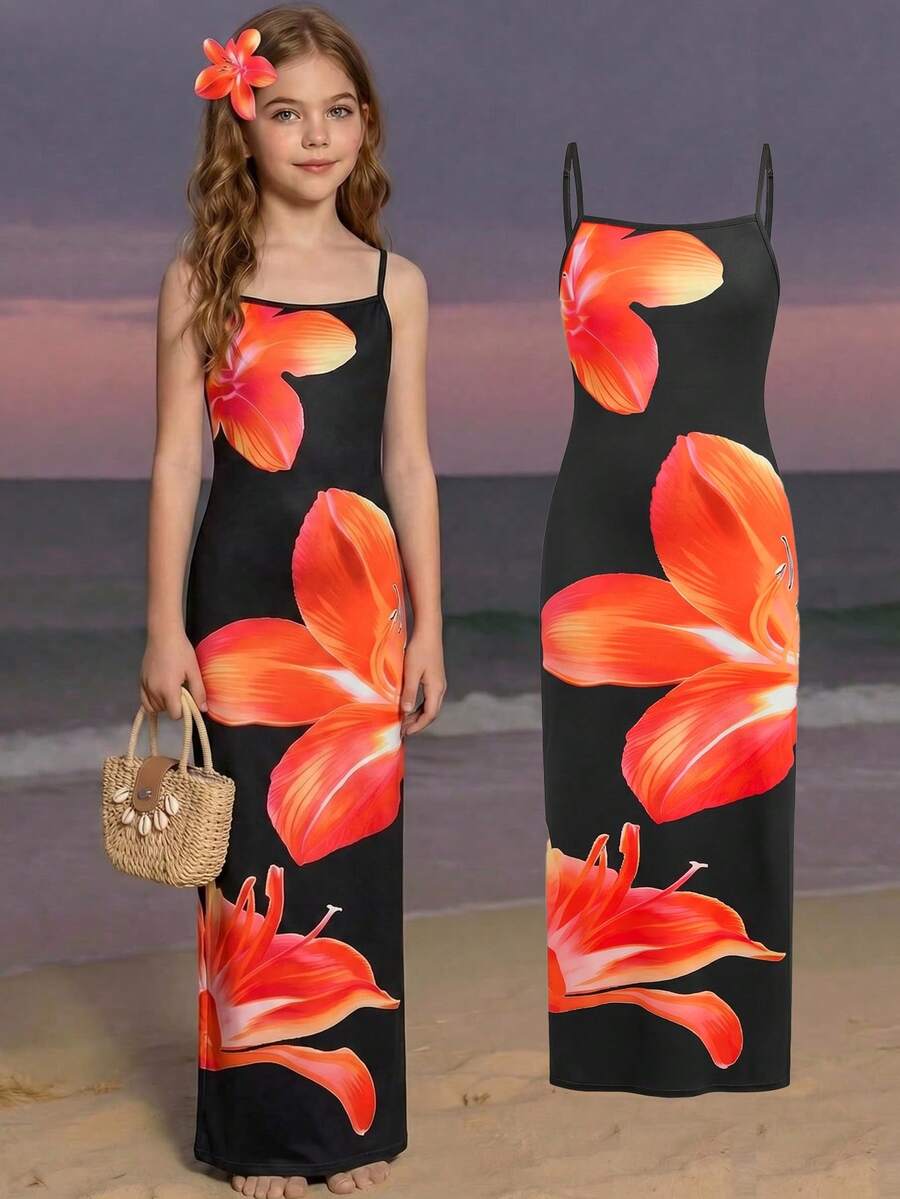 SHEIN Tween Girl Tween Girls' Casual Vacation Black Tropical Floral Print Slit Hem Dress - Black - View 1
