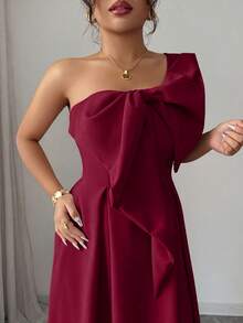 Elenzga Đầm nữ cỡ lớn cổ lệch, kiểu dáng lãng mạn, có nơ thắt eo, phù hợp cho tiệc tùng, đám cưới, phù dâu, mùa thu/đông. - Đỏ - Xem 6