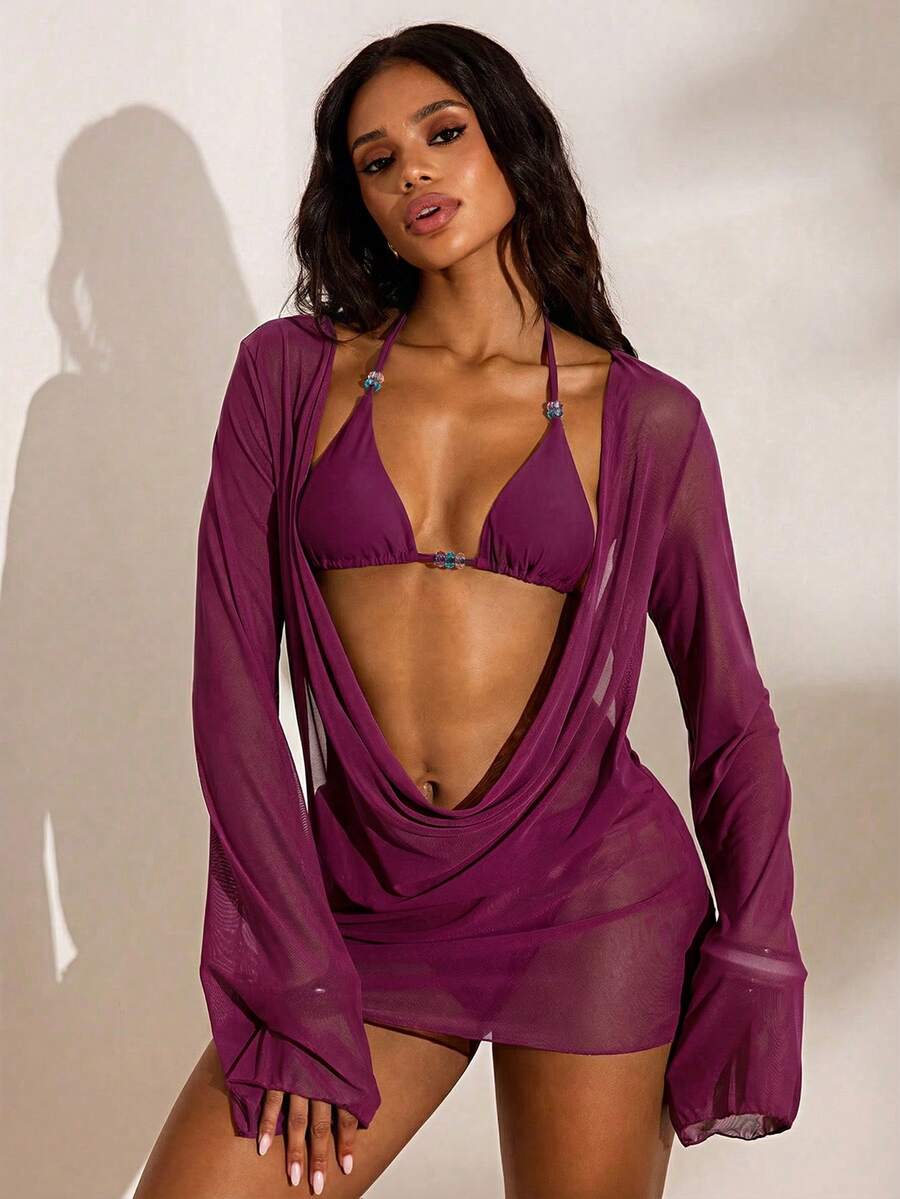 3pcs/Set Women's Random Color Beaded Swimsuit Accessories - Purple - View 1