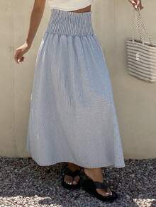 Livesso Cotton Striped Loose Denim A-Line Skirt For Women - Blue - View 8