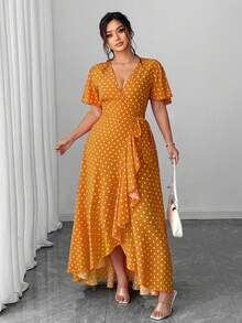 SHEIN Unity Plus Size Polka Dot Wrap Dress With Tie Waist, Ruffle Hem And Side Slit - Yellow - View 4