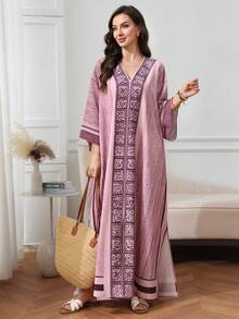 SHEIN Najma Đầm nữ cổ chữ V in họa tiết kẻ caro, kiểu dáng thanh lịch Ả Rập. - Nhiều màu - Xem 1