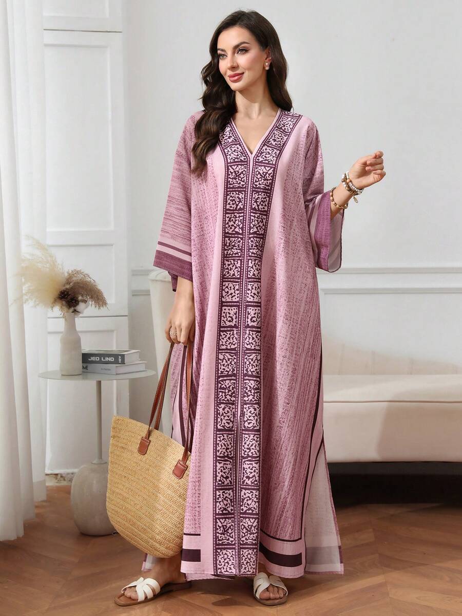 SHEIN Najma Đầm nữ cổ chữ V in họa tiết kẻ caro, kiểu dáng thanh lịch Ả Rập. - Nhiều màu - Xem 1