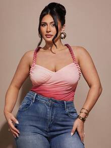 SHEIN BAE 大码女士扭结褶皱露背渐变连衣裙 - 彩色 - 查看 4