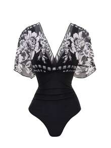 Swim Oasis New Printed V-Neck One-Piece Ruffled Sleeve Swimsuit With Cover-Up, 2-Piece Set For Women - Black - View 4