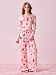 2pcs Women Casual Cherry Print Ruffle Trim Long Sleeve Square Neck Loungewear Set, Autumn - Pink - View 4