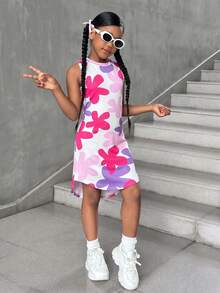 Vestido sin mangas con estampado floral y bajo asimétrico para niña preadolescente - Rosa Fucsia - Ver 1