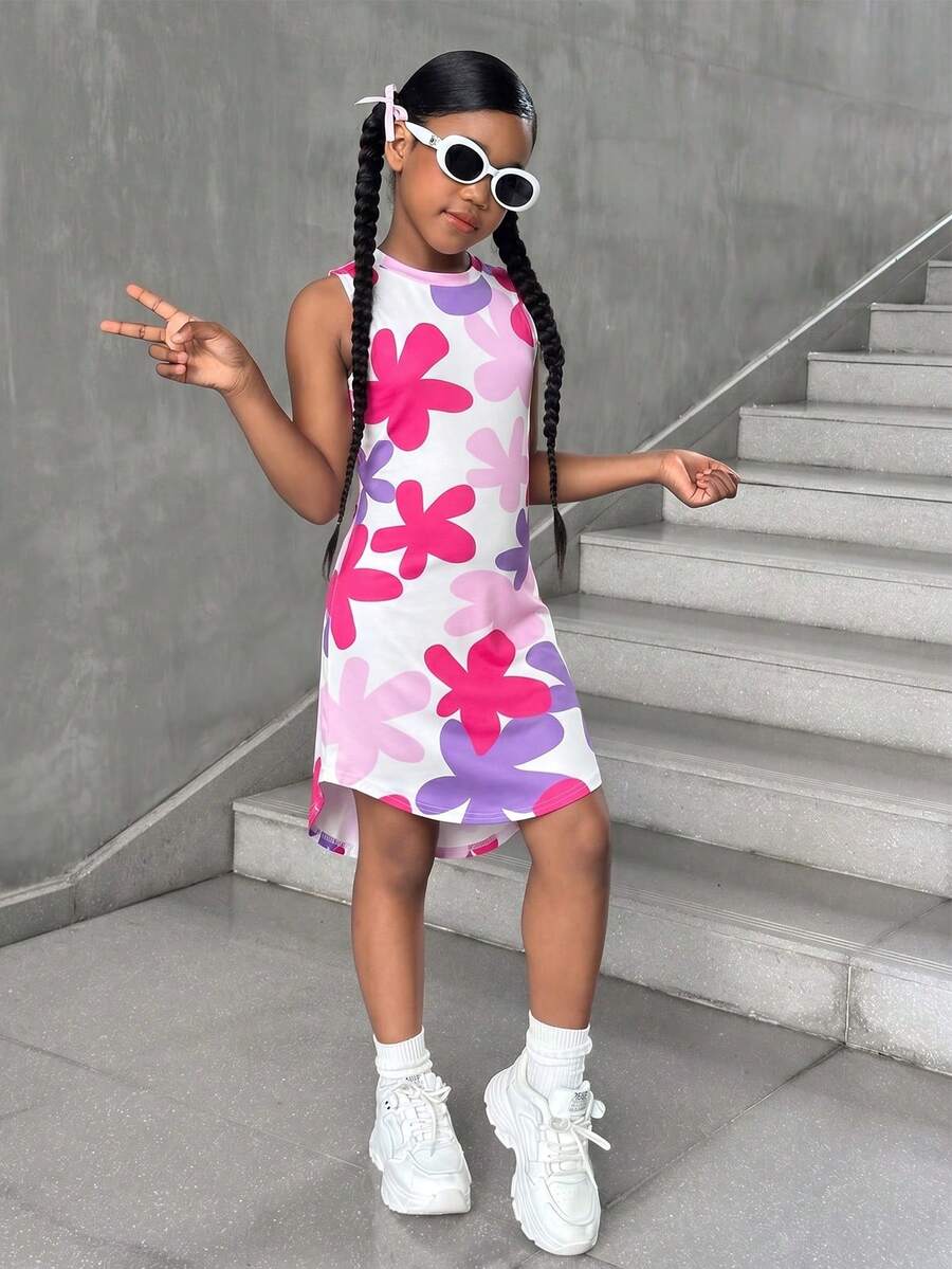 Vestido sin mangas con estampado floral y bajo asimétrico para niña preadolescente - Rosa Fucsia - Ver 1
