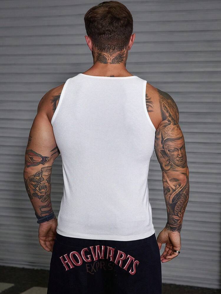 Men's Embroidered Fashionable Casual Slim Fit Tank Top, Versatile For Daily Wear