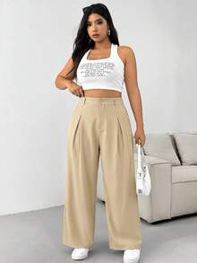 Solflare Plus Size Solid Color Button Casual Wide Leg Pants, Suitable For Graduation, Back To School, Teacher Outfits For Women, Khaki Color - Khaki - View 6