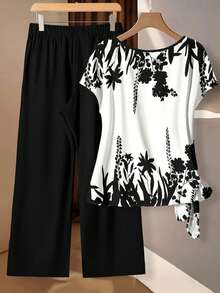 EMERY ROSE 2pcs Women's Casual Elegant Minimalist Beige Shirt With Black-And-White Botanical Silhouette Print & Loose Black Pants Set. Perfect For Spring And Summer, Vacation, Country Style, Daytime, Garden, And Women's Work Tops Women Spring Outfit Women 2 Pieces Outfit Casual - Multicolor - View 7