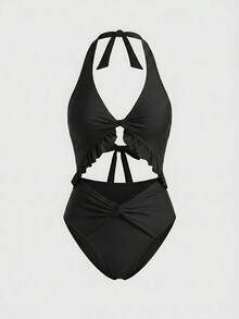 Swim Mod 1pc Women Solid Color Halter Neck One-Piece Swimsuit, Fashionable For Summer - Black - View 7