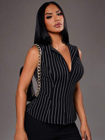 SHEIN x Luisa Sonza Radiana Women's Summer Minimalist Fashionable Black Striped Sleeveless Fitted Waistcoat, Front Double Zipper Design, Distinctive Black Slim-Fit Waistcoat, Waist-Cinched Suit Jacket, Sleeveless Suit Jacket, Black Suit Waistcoat, Striped Suit Waistcoat, Low-Key Luxurious, Minimalist Office Style, Crisp Suit Jacket, Classic Round Neck Waistcoat, Elegant Minimalist Casual Business Women's Clothing, Casual Top, Suitable For Daily Casual Outings, Urban, Commuting, Office, Workplace, Gatherings, Formal Occasions, Work, Commuting Outfits, Office Wear, Work Attire, Holiday Trips
