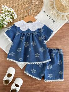 SHEIN Vintaside Kids 2件套女婴夏季短袖白色刺绣领衬衫搭配短裤，休闲两件套，适合外出和度假 - 藍色 - 查看 2