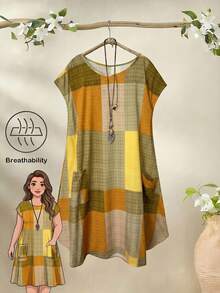 Rusticease Plus Size Color Block Minimalist Round Neck Short Sleeve Dress - Multicolor - View 1