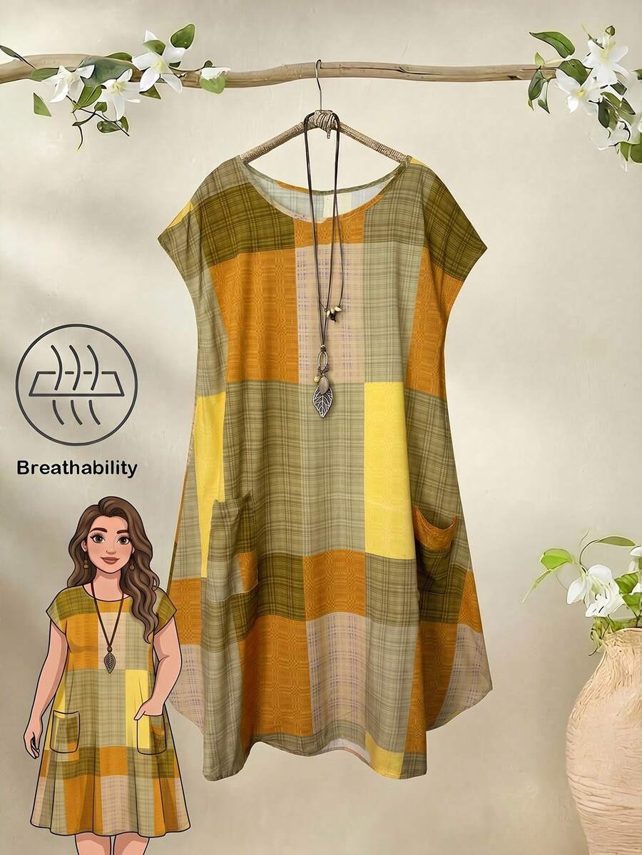 Rusticease Plus Size Color Block Minimalist Round Neck Short Sleeve Dress - Multicolor - View 1