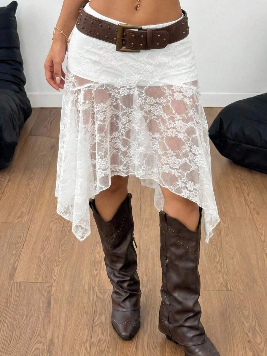 SHEIN EZwear 女士夏季沙滩度假白色蕾丝薄纱不对称下摆低腰半身裙（不含腰带） - 白色 - 查看 1