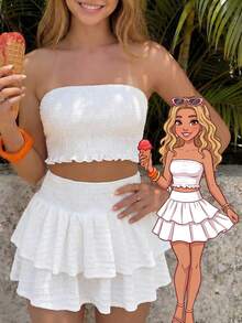 Teen Girls Jacquard Knit Tube Top And Mini Skirt Set - White - View 1