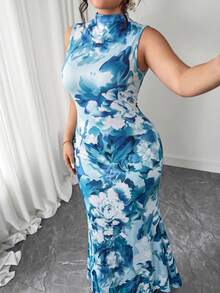 Elenzga 2025 天藍色夏季優雅花卉印花高領無袖洋裝，高腰中長版 A 字法式時尚荷葉邊裙襬，適合婚禮賓客與度假 - 藍色 - 查看 5
