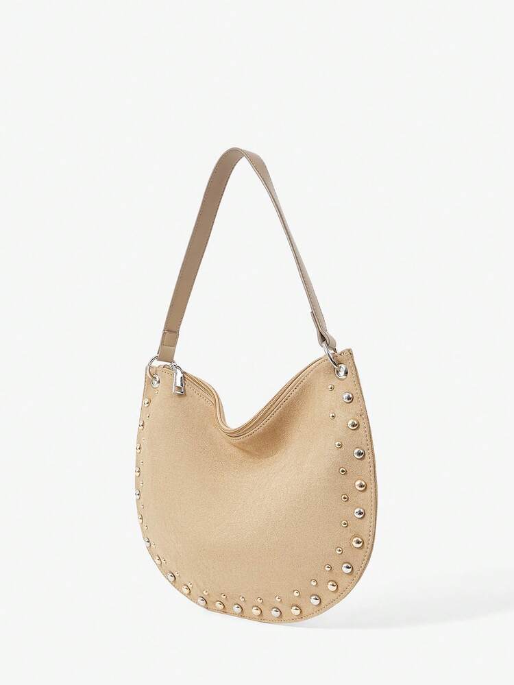 SHEIN Maija Ladies, Women Shoulder Bag, Hobo Bag, Suede, Suede Bag, Retro, Rivets, Vintage, Fashionable, Elegant , Simple, Personalized, Versatile, Classic, For Commute, Office, Date, Daily, Shopping, Afternoon Tea