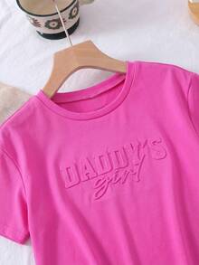 SHEIN Young Girl Summer Casual Solid Color Letter Embossed T-Shirt And Shorts Set - Hot Pink - View 6