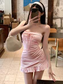 Joudiya Đầm quây bằng satin thanh lịch, ngọt ngào, buộc dây, viền bèo nhún dành cho nữ. - Hồng - Xem 6