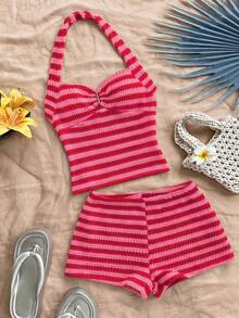 SHEIN Bộ đồ dệt kim sọc đỏ hồng cho bé gái lớn, áo tank top cổ yếm và quần short 2 món, phong cách ngọt ngào và cá tính. - Đỏ - Xem 2