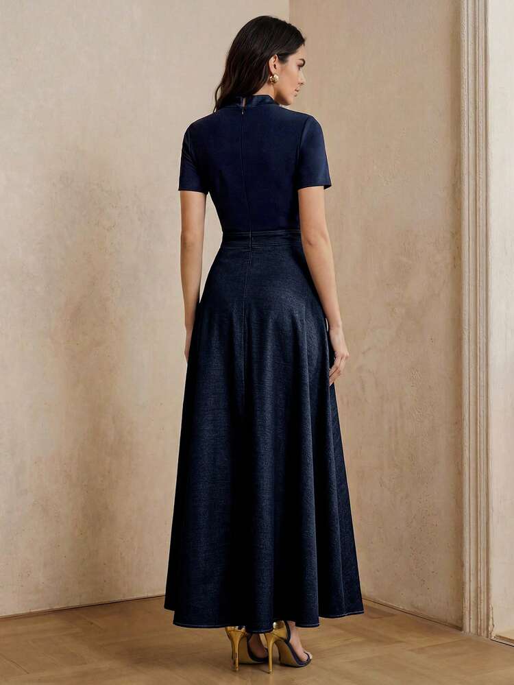 Women's Elegant Woven Fabric Splice Collar Bow Decor Dress, Suitable For Work, Dates And Daily Wear, Navy Blue Short Sleeve Summer Dress