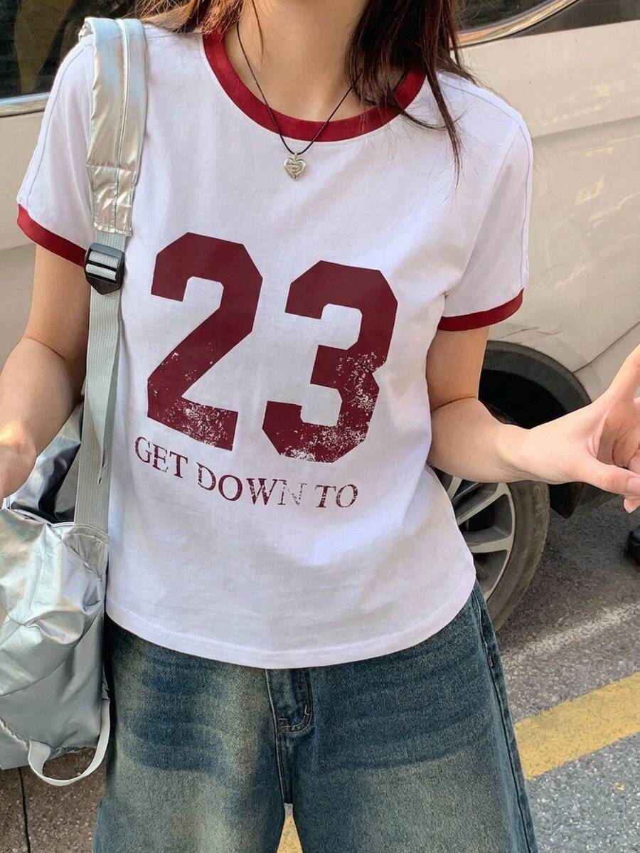 DAZY 女士撞色字母装饰修身休闲街头运动风短袖T恤 - 白色 - 查看 1