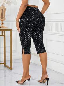 SHEIN Lady 女士波点印花侧开衩七分裤 - 彩色 - 查看 2