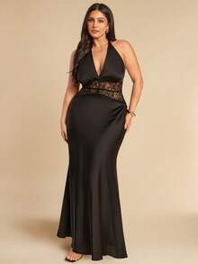 SHEIN BAE Plus Size Black Autumn Elegant Formal Evening Dress, Deep V-Neck Lace Hollow Patchwork Fishtail Satin Gown For Cocktail Party,Formal Event - Black - View 2