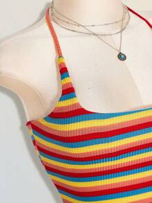 SHEIN ICON Top corto halter con espalda descubierta y acanalado para mujer - Multicolor - Ver 10