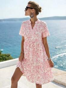 EMERY ROSE Women's V-Neck Pleated All-Over Print Casual Party Dress Causal Dresses For Women Summer Spring Outfits For Women Dresses Picnic Dresses For Women New Arrival Dress For Women Casual Summer Holiday Outfits - Pink - View 3