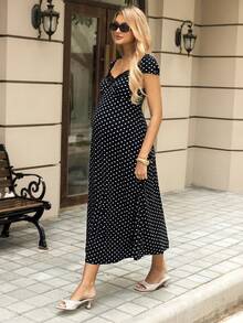 Vestido de maternidad con estampado de lunares y parches de encaje - Blanco y Negro - Ver 3