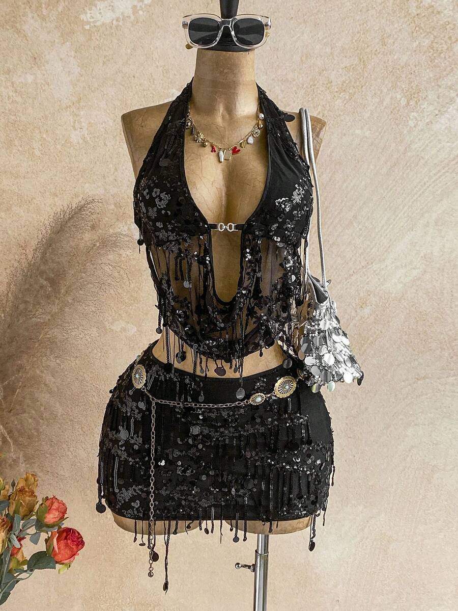 Soleia 2pcs/Set Fitted Shiny Tassel Sequin Halter Top And Mini Skirt Set, Suitable For Music Festivals, Parties, Chinese Red, Annual Meetings, Christmas, Halloween - Black - View 1