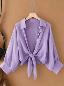 Calvaya Plus Size Women's Solid Color Drop Shoulder Long Sleeve Single-Breasted Casual Shirt Fall Cloth For Women - Purple - View 1